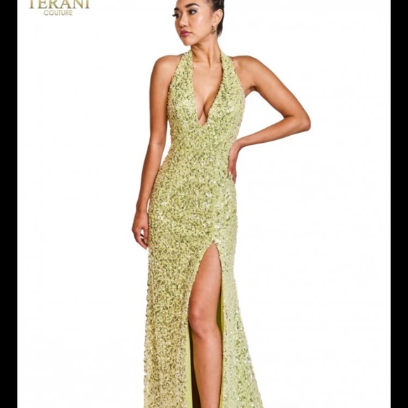 Terani COuture Citrine sparkly halter drop dress - Picture 1 of 5